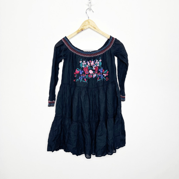 Free People Sun Beams Bardot Embroidered Dress black floral womens size small S - Picture 2 of 9